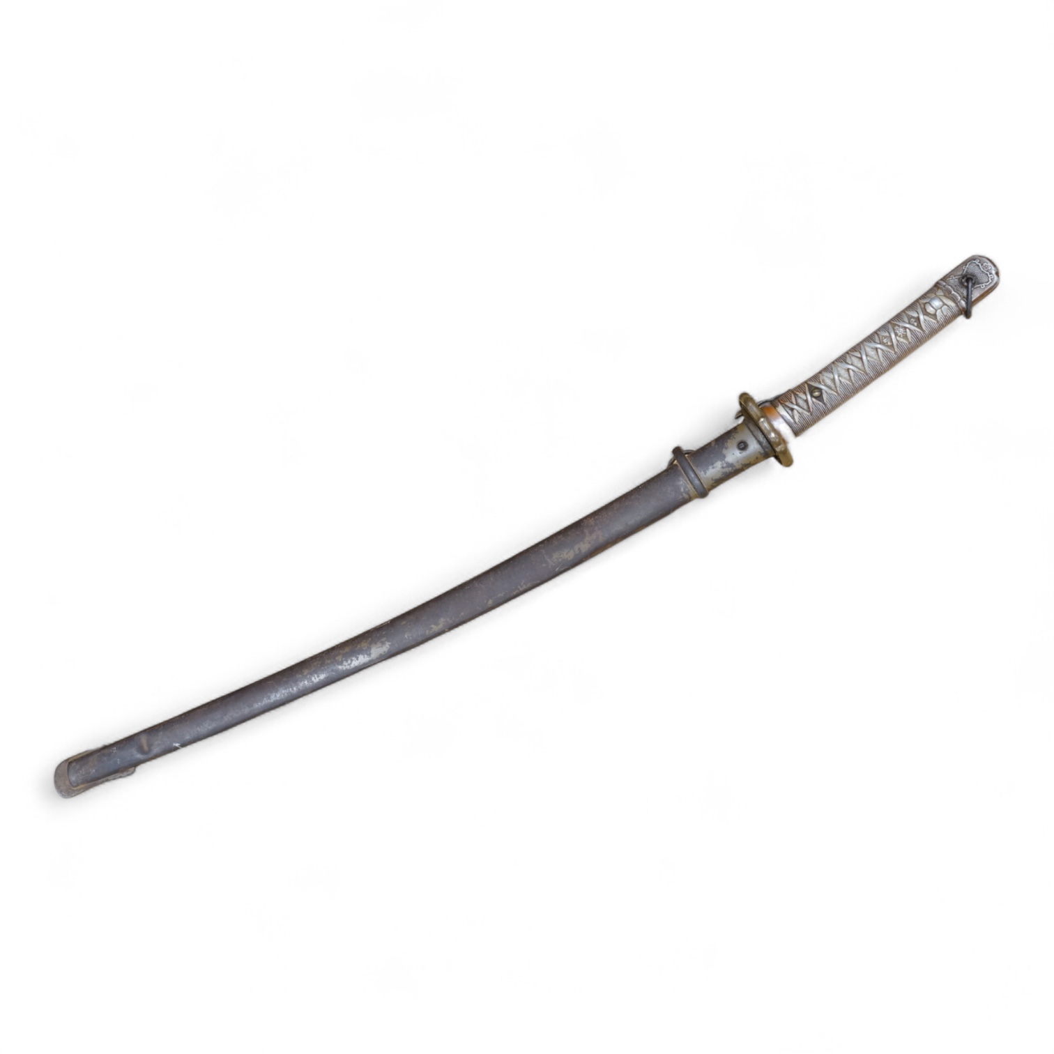 A Japanese World War II NCO‘s sword katana, regulation blade with fuller, stamped 33271, regulation aluminium hilt, brass guard, the spring catch still retains, in an iron scabbard